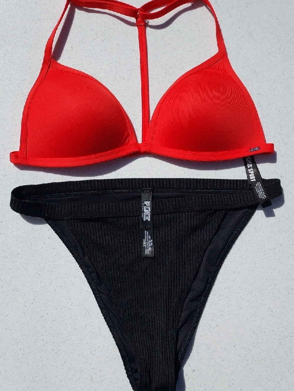 PINK Victoria's Secret Red Halter Bikini Top with Black Ribbed Bottoms